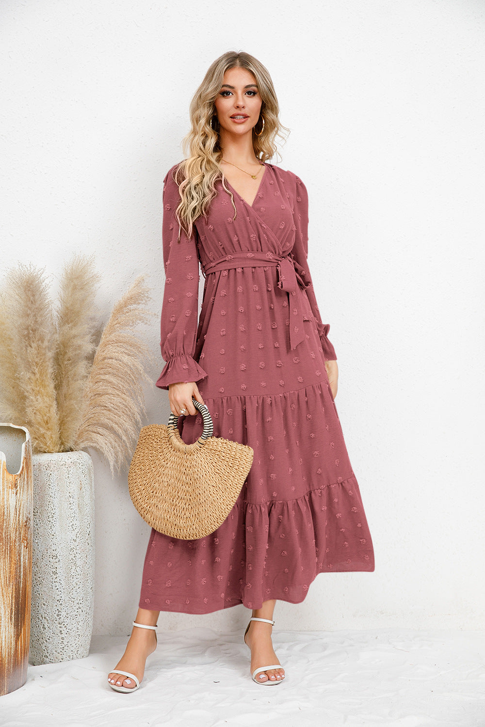 Autumn Winter Solid Color Wide Hem Casual Dress Women Clothing Maxi Dress