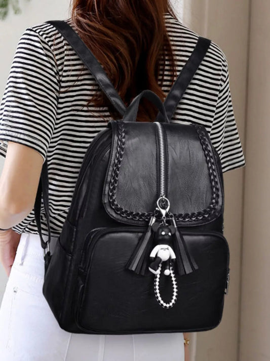 Braided Trim Leather Backpack Bag
