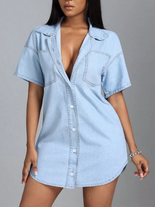 Button-Down Short Sleeve Denim Dress