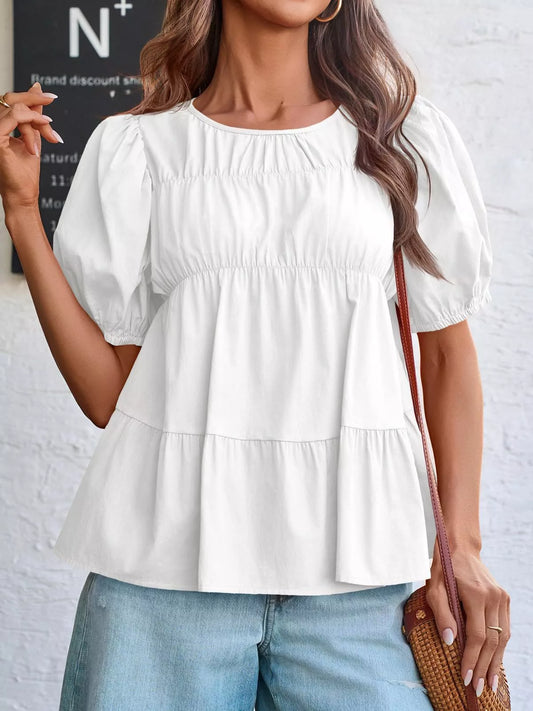 Ruched Tiered Puff Sleeve Blouse