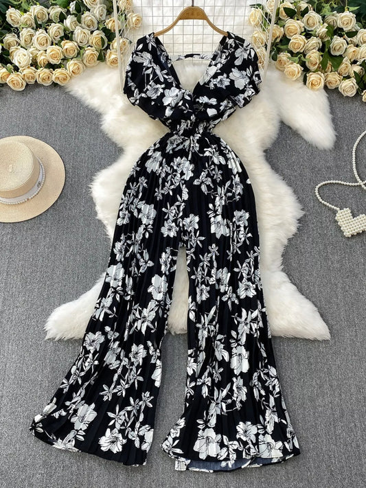 Floral Print Wide Leg Pleated Jumpsuit
