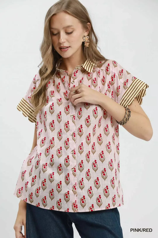 Umgee Block Print Button-Front Shirt with Contrast Stripe Point Collar