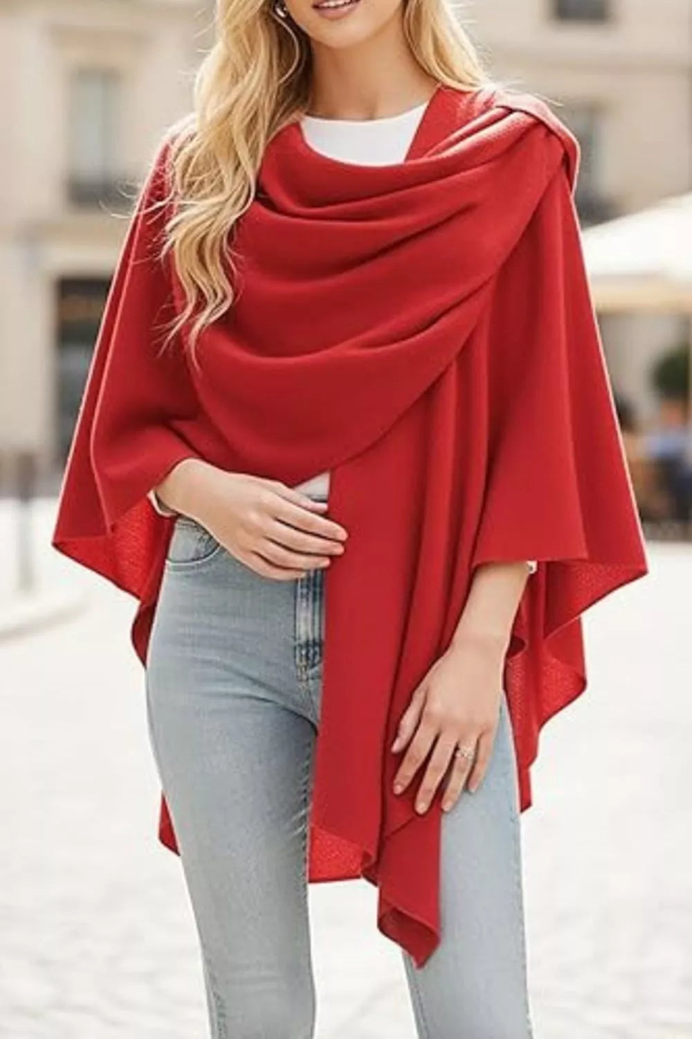 Draped Knitted Split Cape Shawl with Strap