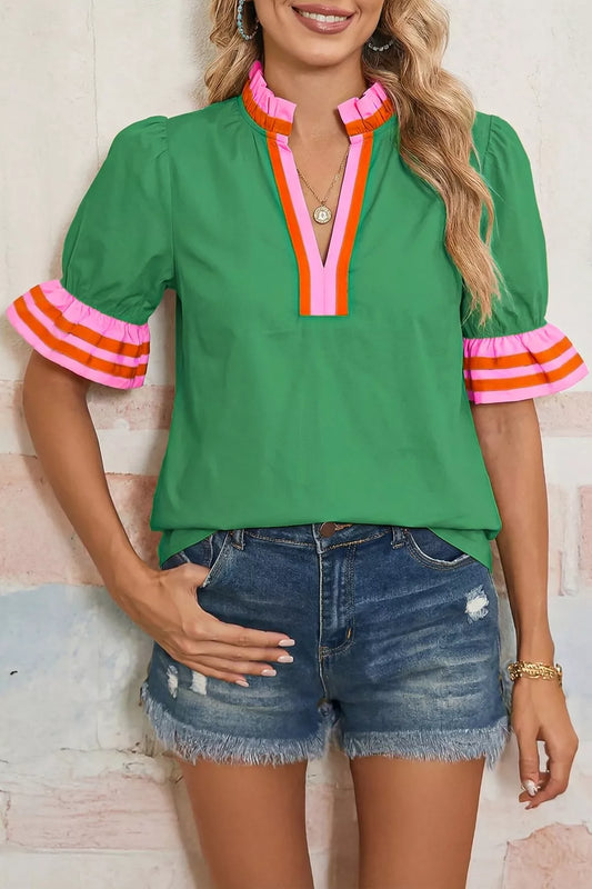 Ruffle Trim Notched Blouse