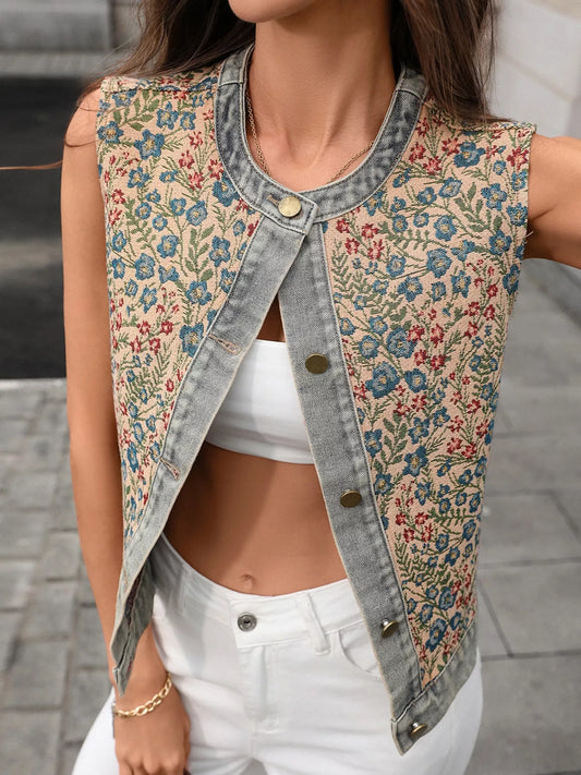 Floral Embroidered Denim Vest Top