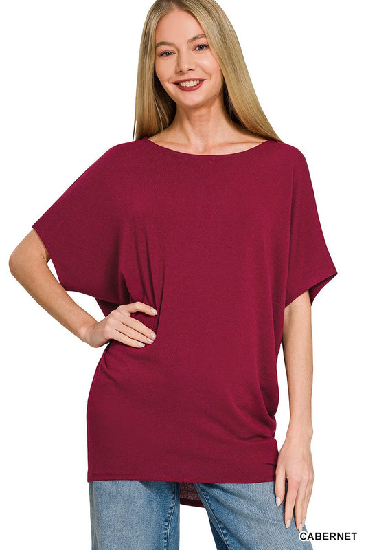 Zenana Hacci Dolman Sleeve Boat Neck Top