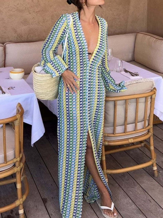 Slit Striped Knit Maxi Dress