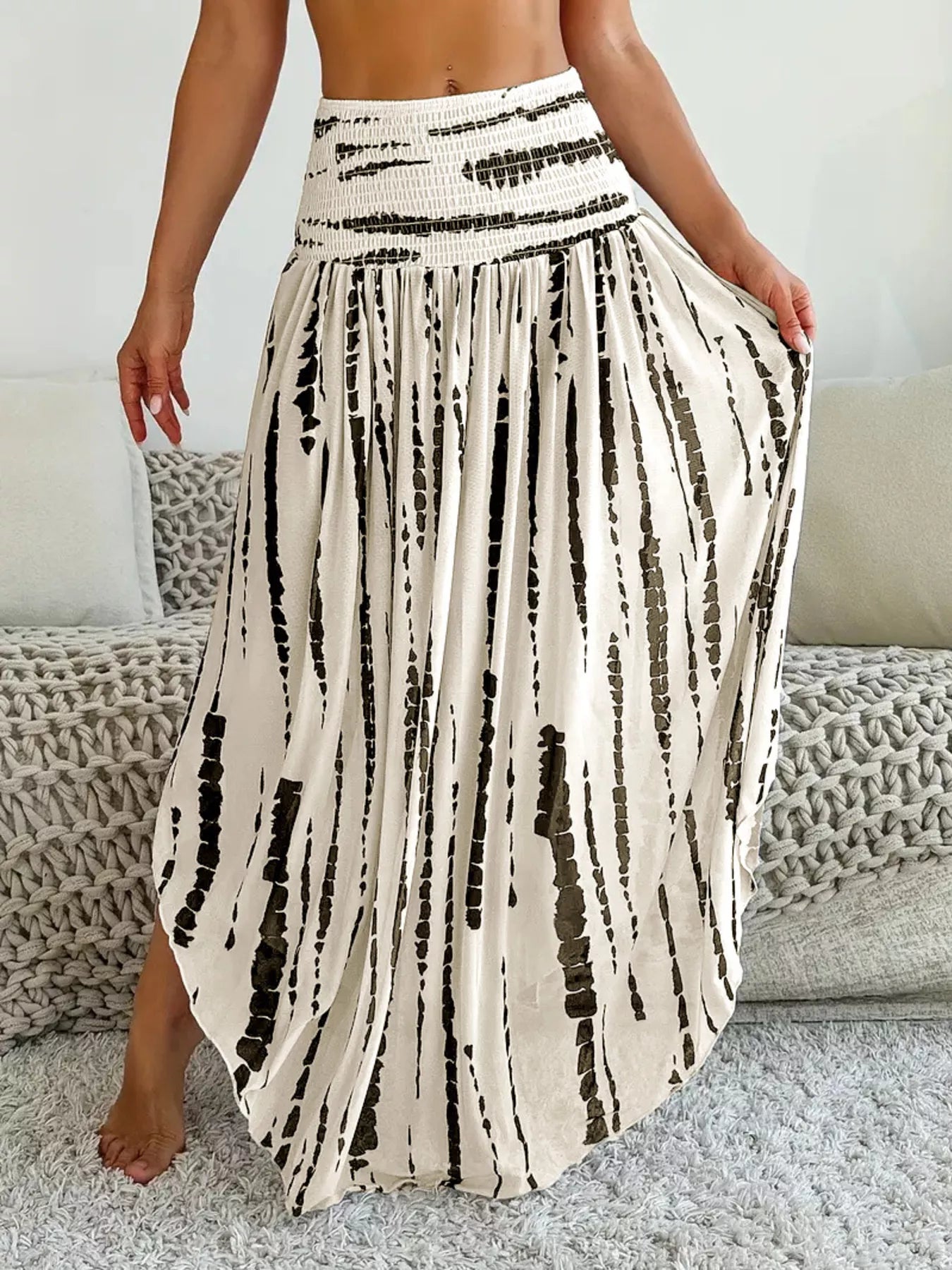 Smocked Asymmetrical Hem Skirt