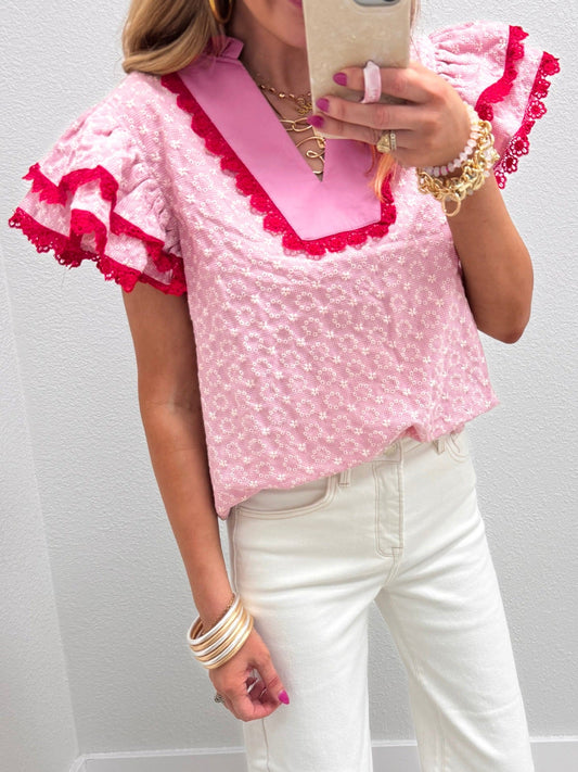 Eyelet Embroidered Flower Texture Contrast Lace Trim Flutter Sleeve Blouse