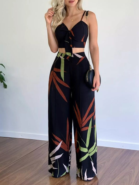 Tropical Print Spaghetti Strap Crop Top and Wide Leg Pants Set