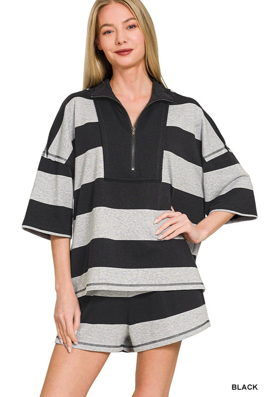 Zenana Frenchterry Striped Half Zip Top & Shorts Set
