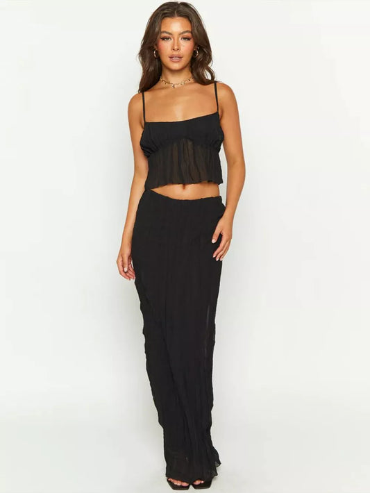 Square Neck Sleeveless Top and Ruched Skirt Set