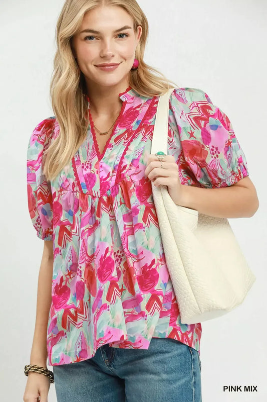 Umgee Abstract Print Puff Sleeve Top
