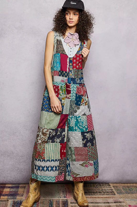 POL Sleeveless Patchwork Wide Leg Jumpsuit