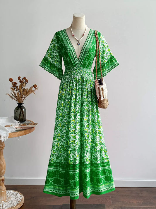 Floral Deep V-Neck Flutter Sleeves Dress