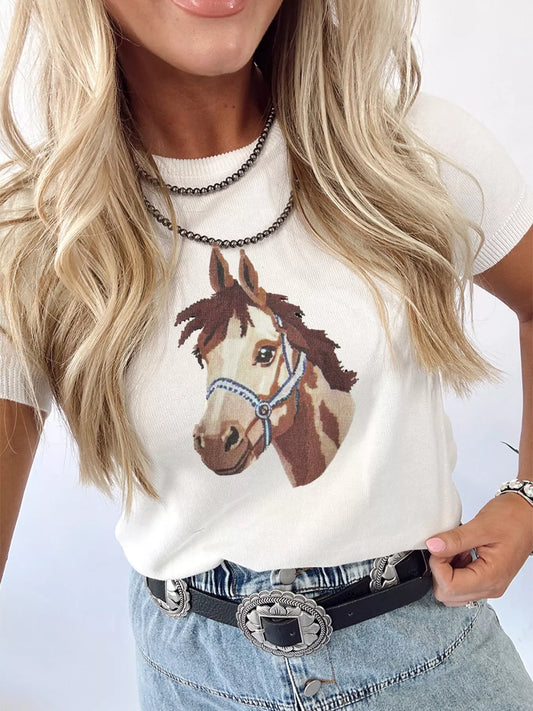 Wild West Horse Head Printed Short Sleeve Sweater