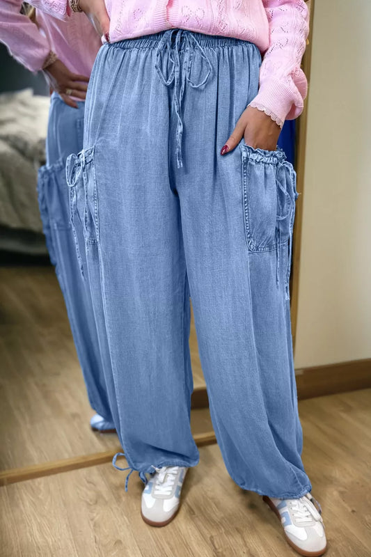 Drawstring Elastic Waist Pocketed Loose Jeans