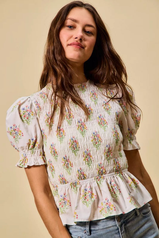 SO ME Floral Cotton Smocked Short Sleeves Blouse