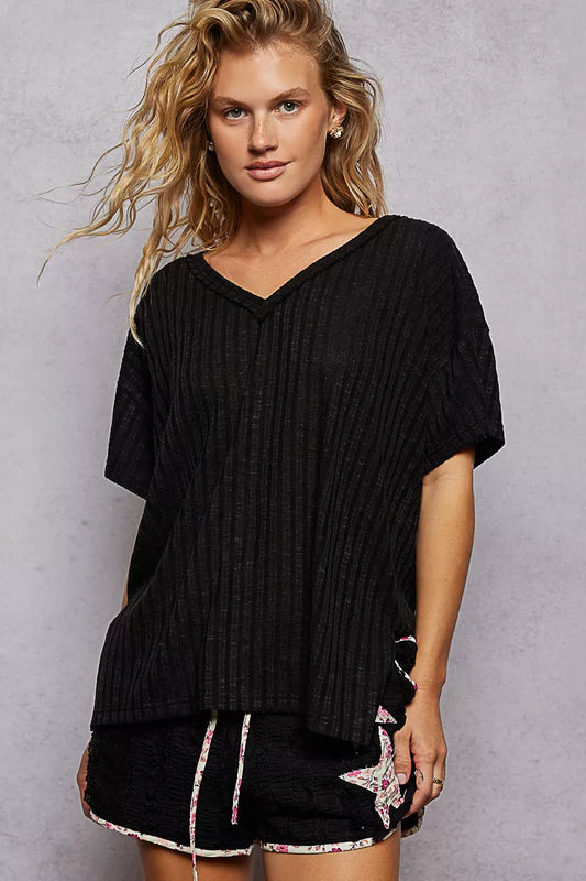 POL Ribbed Knit V-Neck Short Sleeve T-Shirt