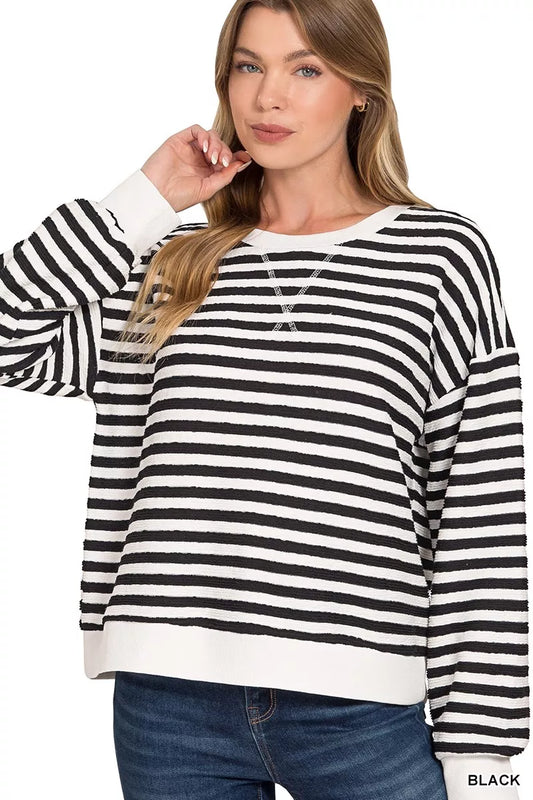 Zenana Striped Round Neck Sweatshirt