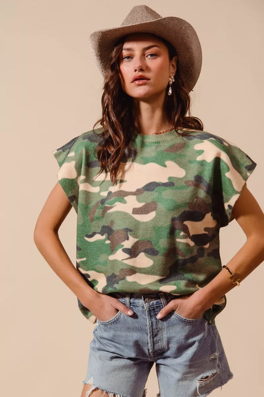 SO ME Camouflage Print Dolman Soft Sweater Top