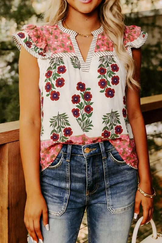 Floral Print Contrast Striped Trim Flutter Cotton Blouse