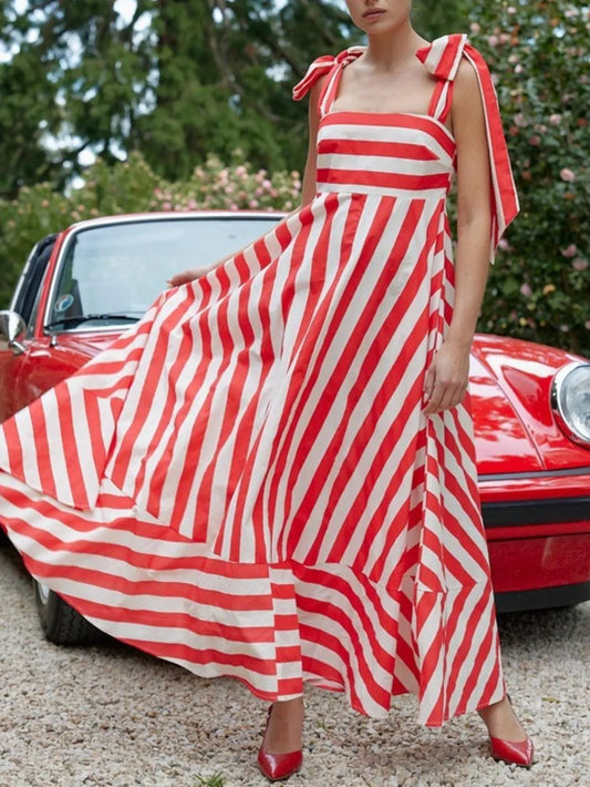 Striped Square Neck Wide Strap Dress