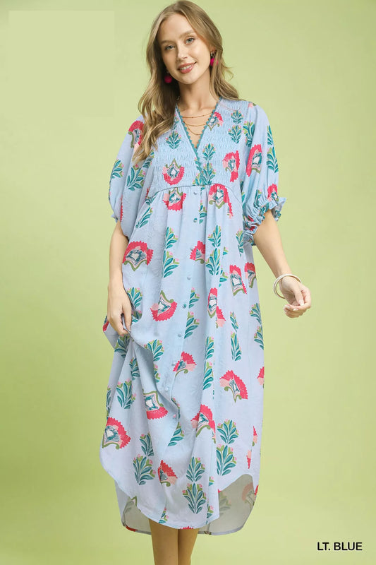 Umgee Abstract Print V-Neck Midi Dress