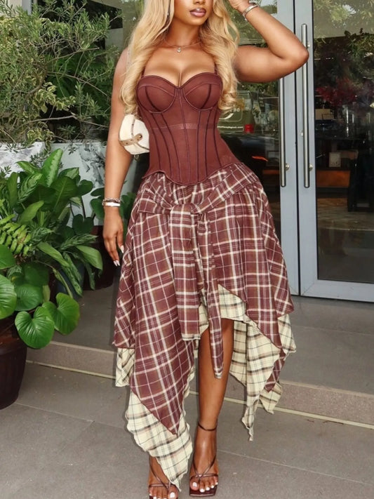 Sweetheart Neck Cami and Asymmetrical Plaid Skirt Set