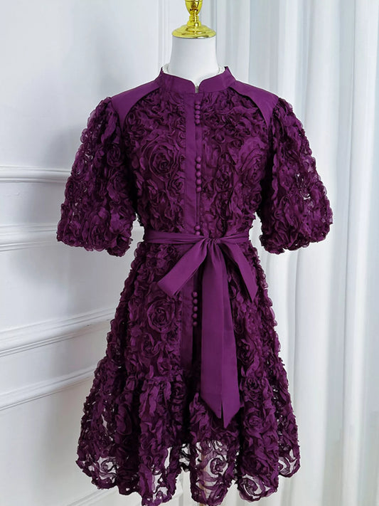 Flower Embellished Puff Sleeve Dress