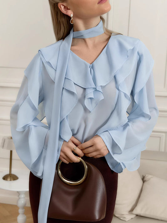 Ruffle Trim Chiffon Blouse