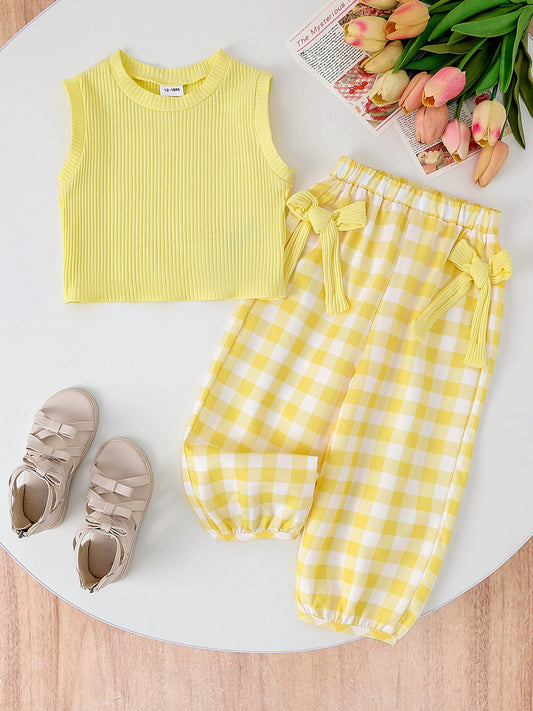Children's Ribbed Tank Top and Plaid Pants Set with Bows