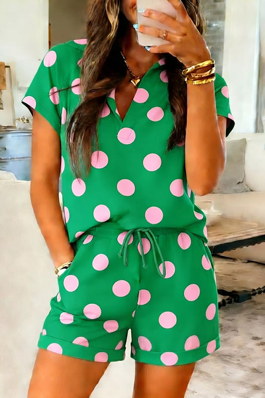 Polka Dot Print V Neck Tee Short Set