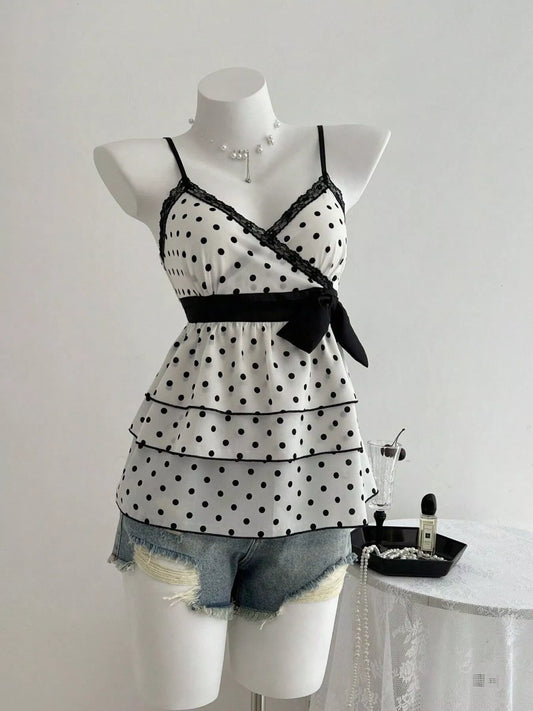 Polka Dot Ruffle Hem Cami with Lace Trim