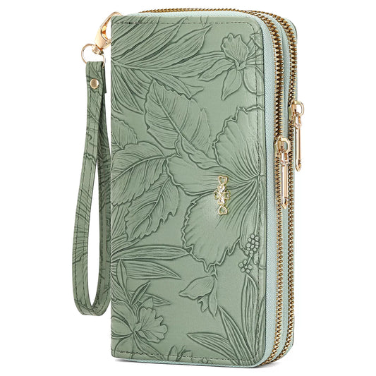 Embossed Floral Pattern Double Zipper Wallet