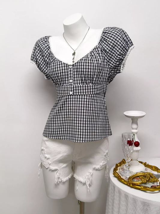 Plaid Short Sleeve Blouse