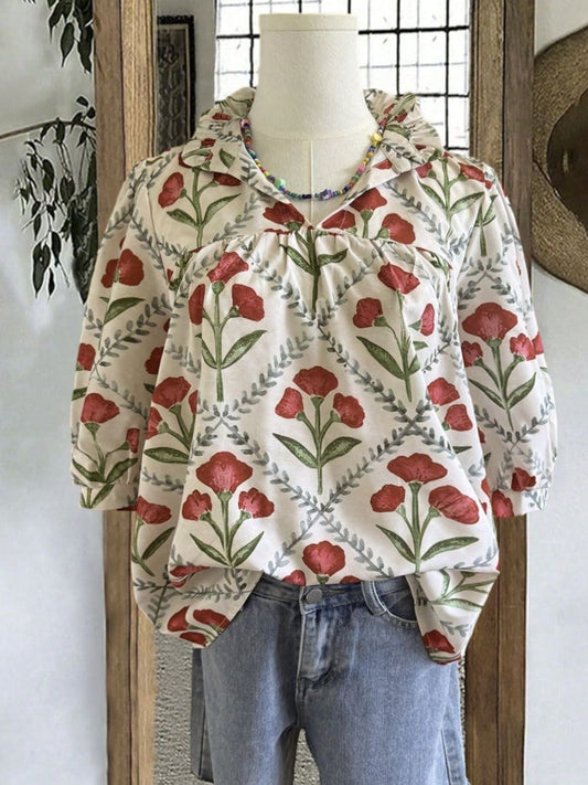 Floral Print Ruffle Collar Blouse