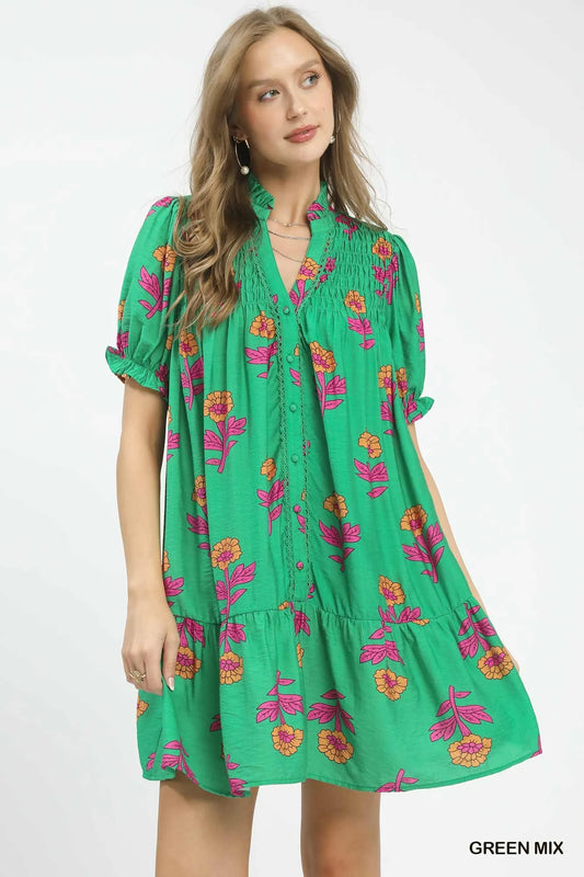 Umgee Floral Print Babydoll Dress