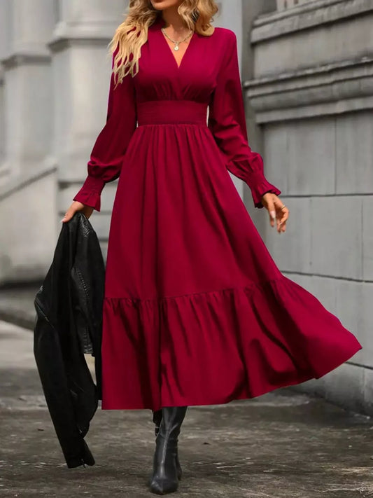 Surplice Long Sleeve Tiered Midi Dress