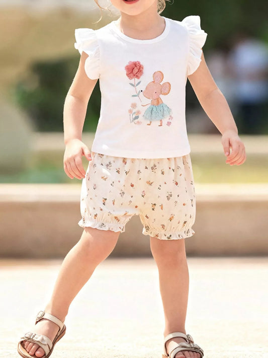 Children's Mouse Ruffle Sleeve Top & Floral Print Shorts Set