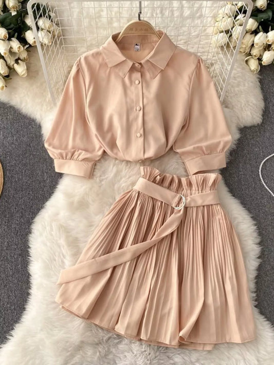 Puff Sleeve Shirt and Pleated Skirt Set