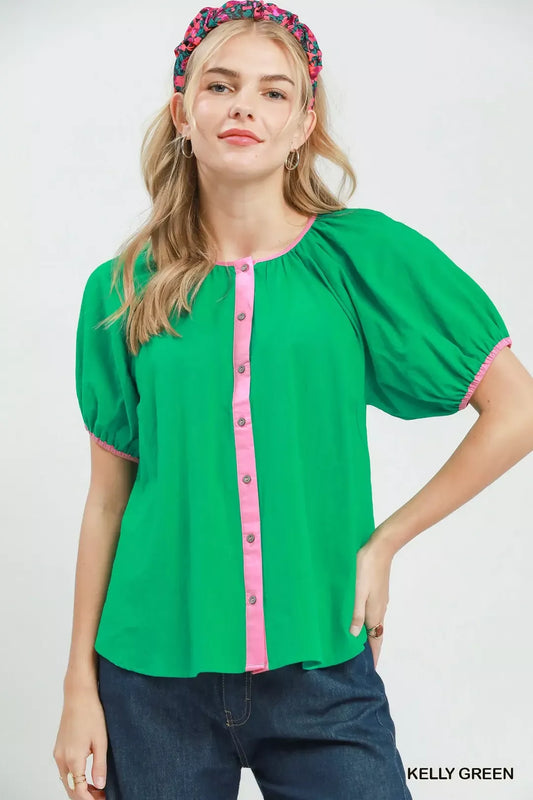 Umgee Contrast Trim Button Front Puff Sleeve Blouse