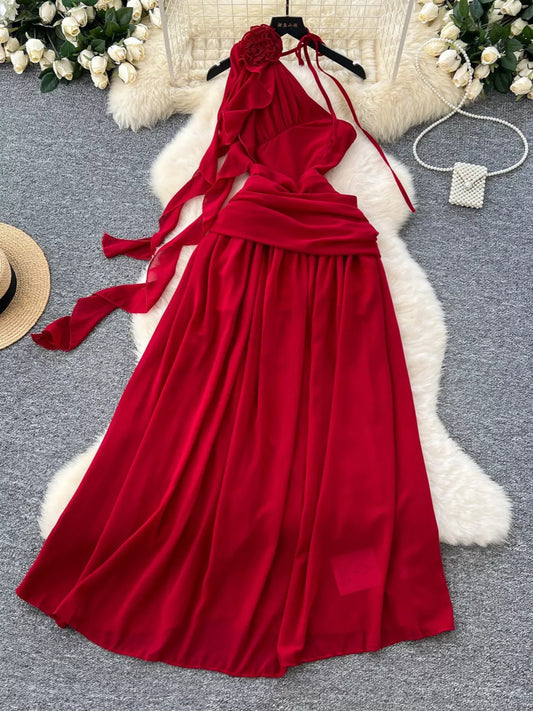 One-Shoulder Floral Decor Dress