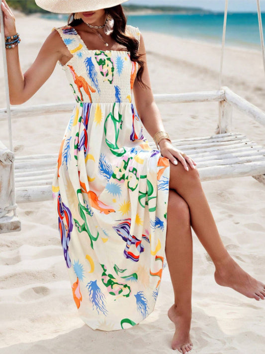 Smocked Bodice Colorful Print Tank Dress