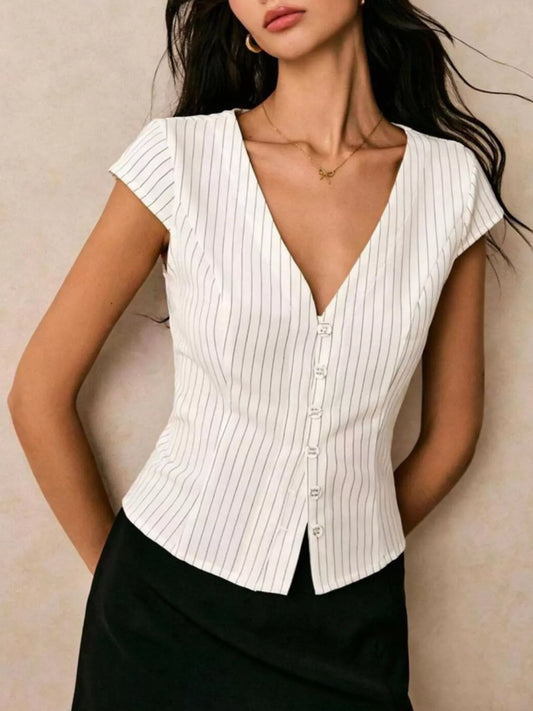 Striped V-Neck Button-Down Shirt