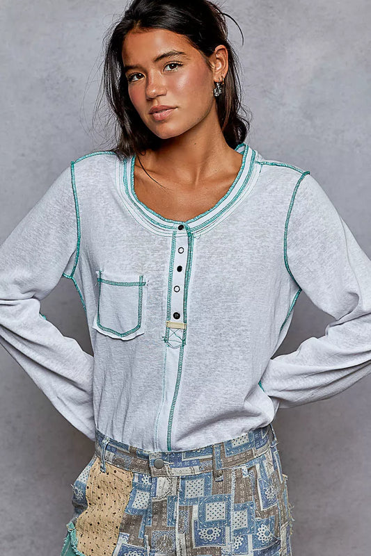 POL Round Neck Long Sleeve Top with Contrast Stitching