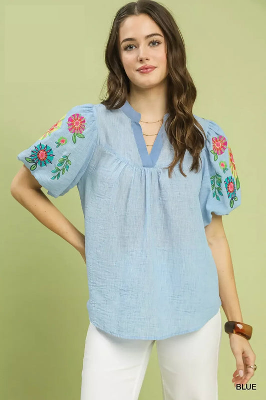 Umgee Embroidered Puff Sleeve Top