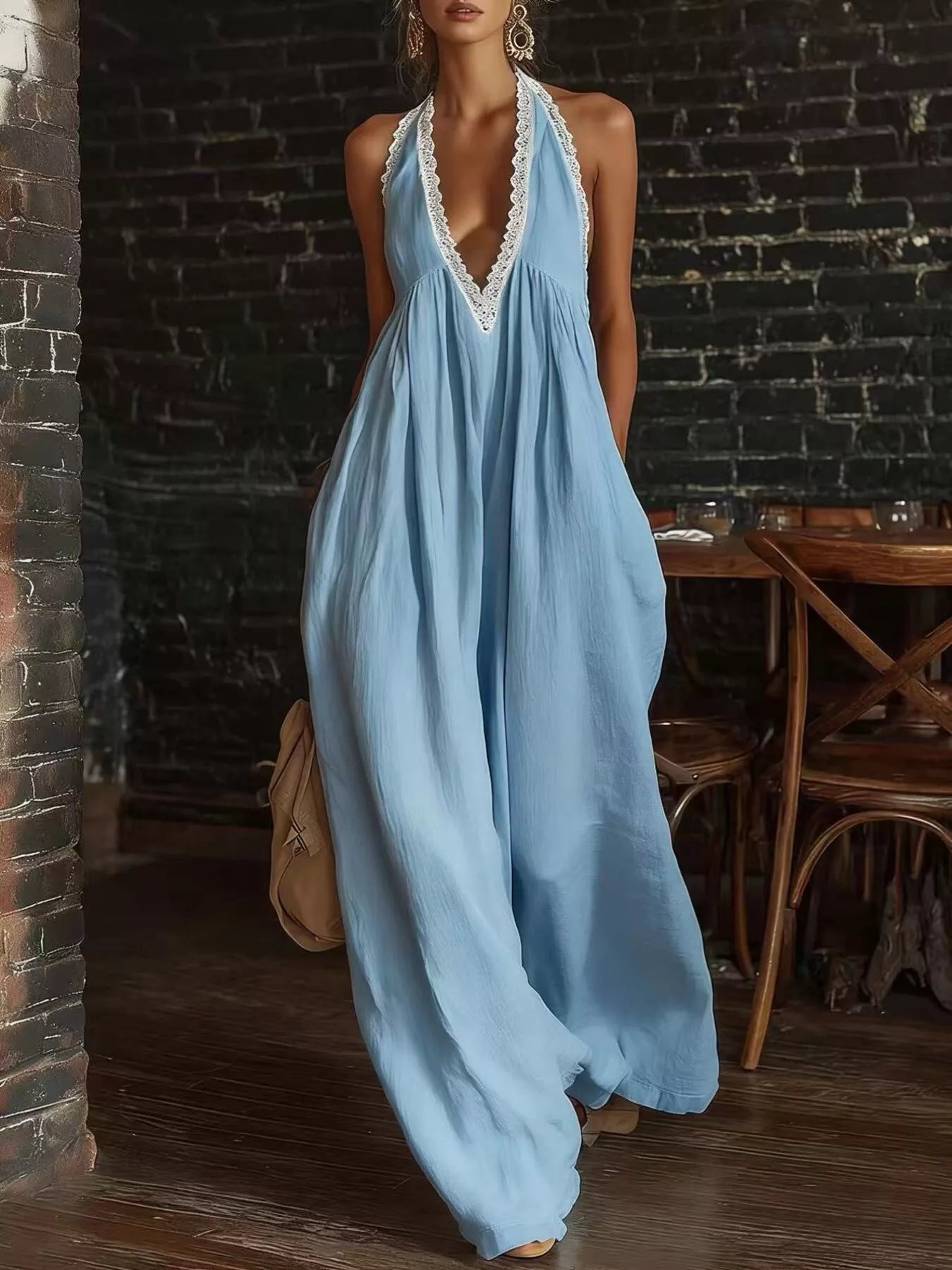 Full Size Halter Neck Lace Trim Wide Leg Jumpsuit Plus Size
