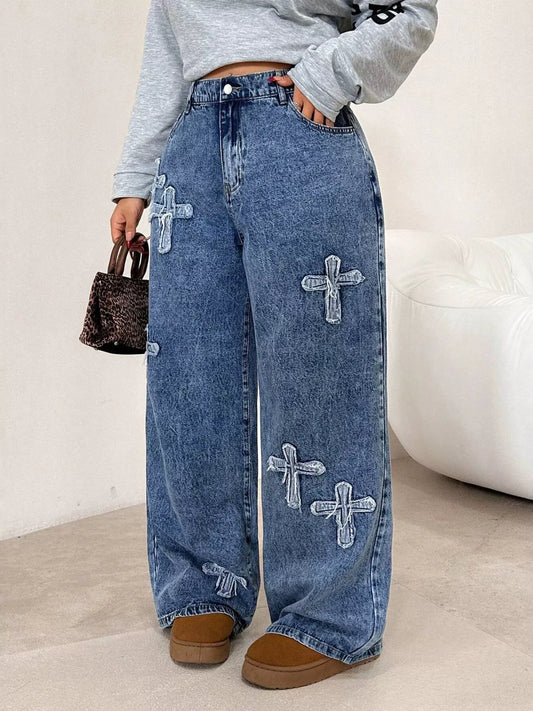 Embellished Cross Wide-Leg Jeans