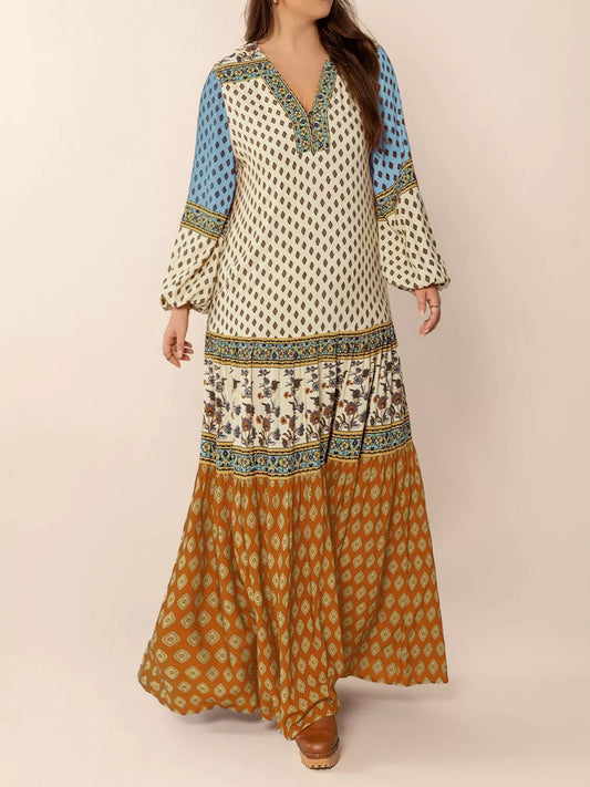 Bohemian Mixed Print Long Sleeve Maxi Dress